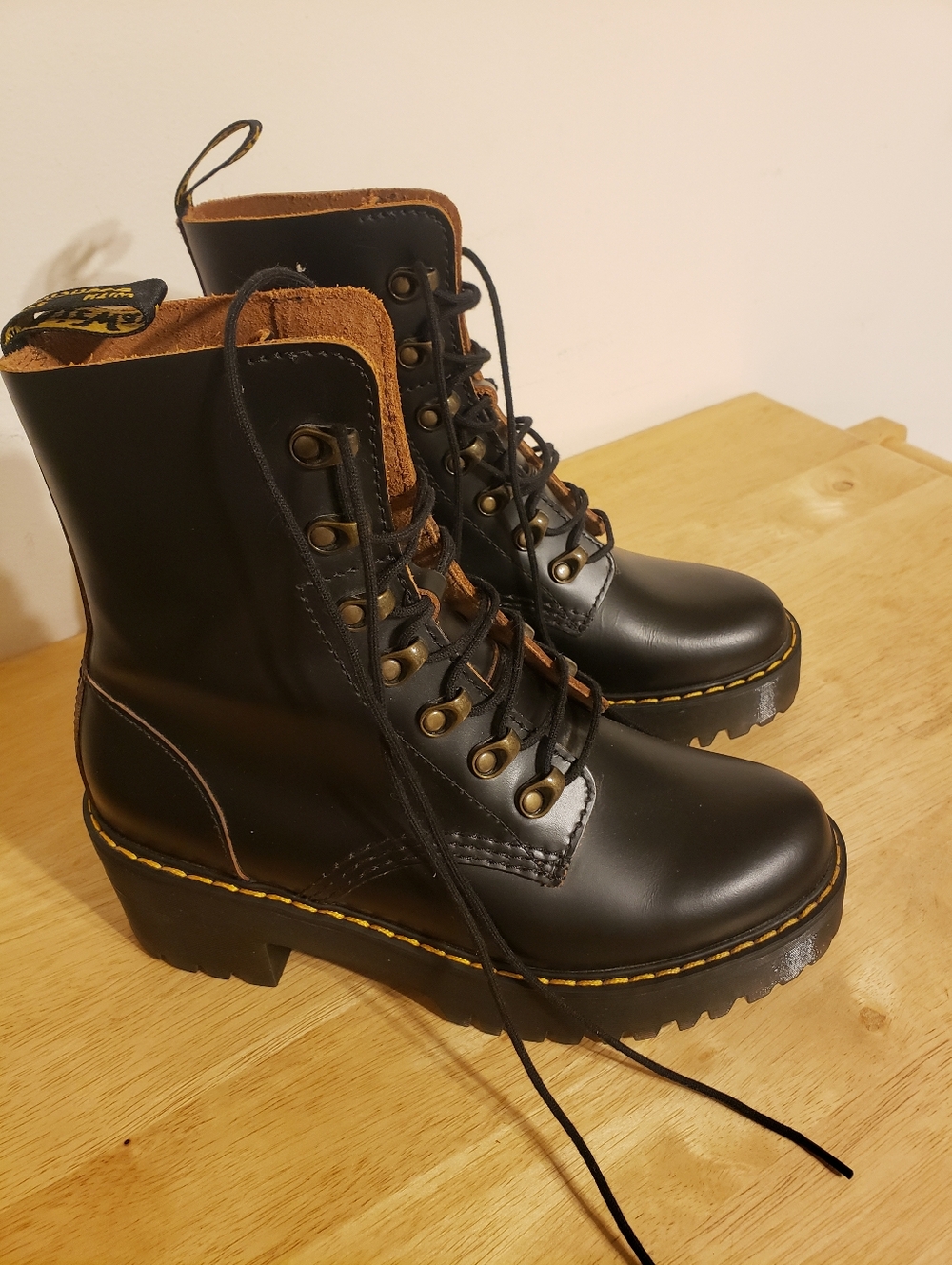 Dr. Martens Black Leather Platform Lace-Up Ankle Boots with Yellow Stitching-7